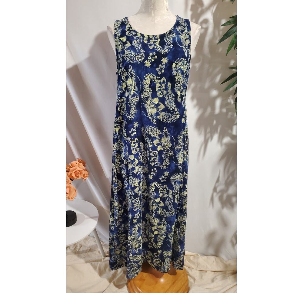 Ojai Batik Hawaiian Floral Maxi Dress Size S Blue Tropical Island Tiki Luau